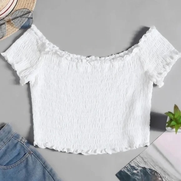 Very vintage Zaful Frilled Off The Shoulder Smocked Crop Top Women's Size L/XL - Picture 2 of 8
